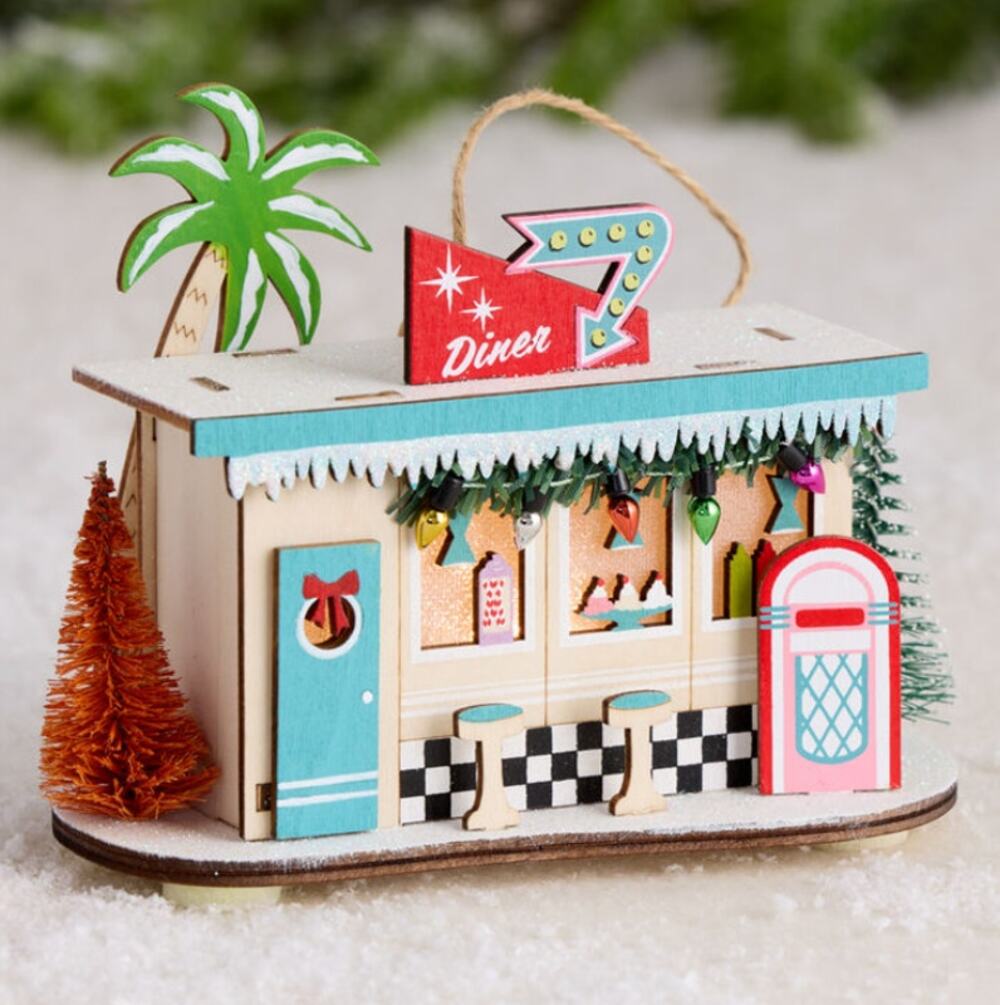 Mid Century Modern Diner Light Up Laser Cut Wood Christmas Ornament NEW Tags
